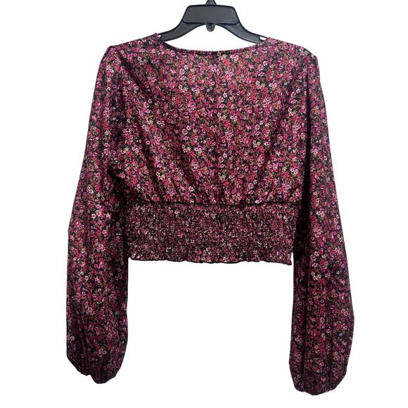 Shein Ditsy Floral Bohemian Indie Crop Blouse M/L Balloon Sleeves Deep V Ruched - Picture 2 of 5